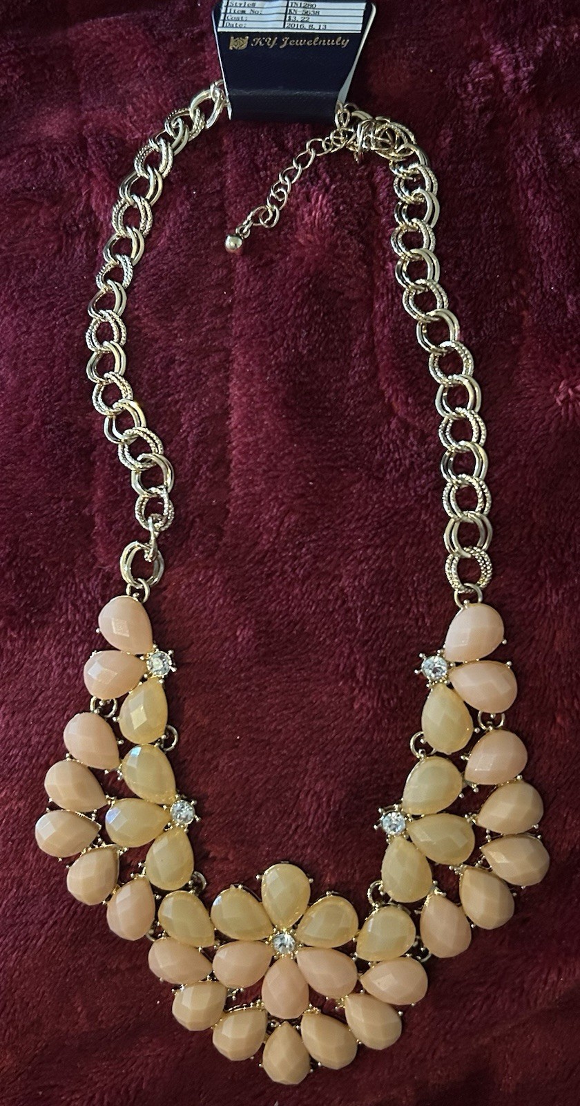 KJ Jewellery Signed Gold-Tone Pink & Cream Rhinestone Bib Statement Necklace