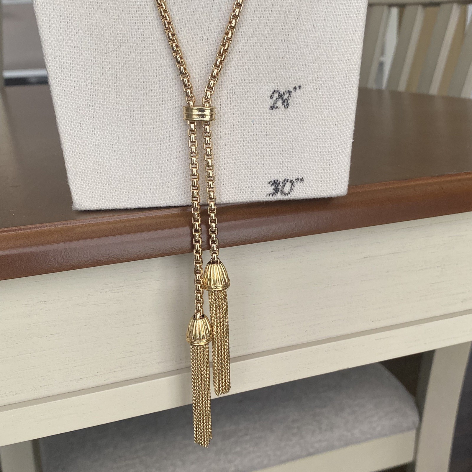 J Crew Gold Tone Lariat Boxed Chain Double Tassel Necklace Flapper style Vintage