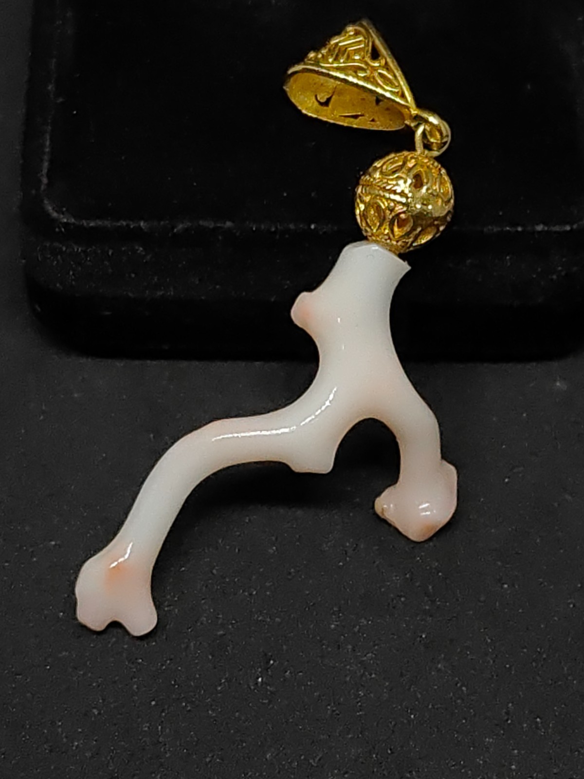 Pink White Japanese Coral Branch Pendant -Smooth Polished Gold Tone Brass