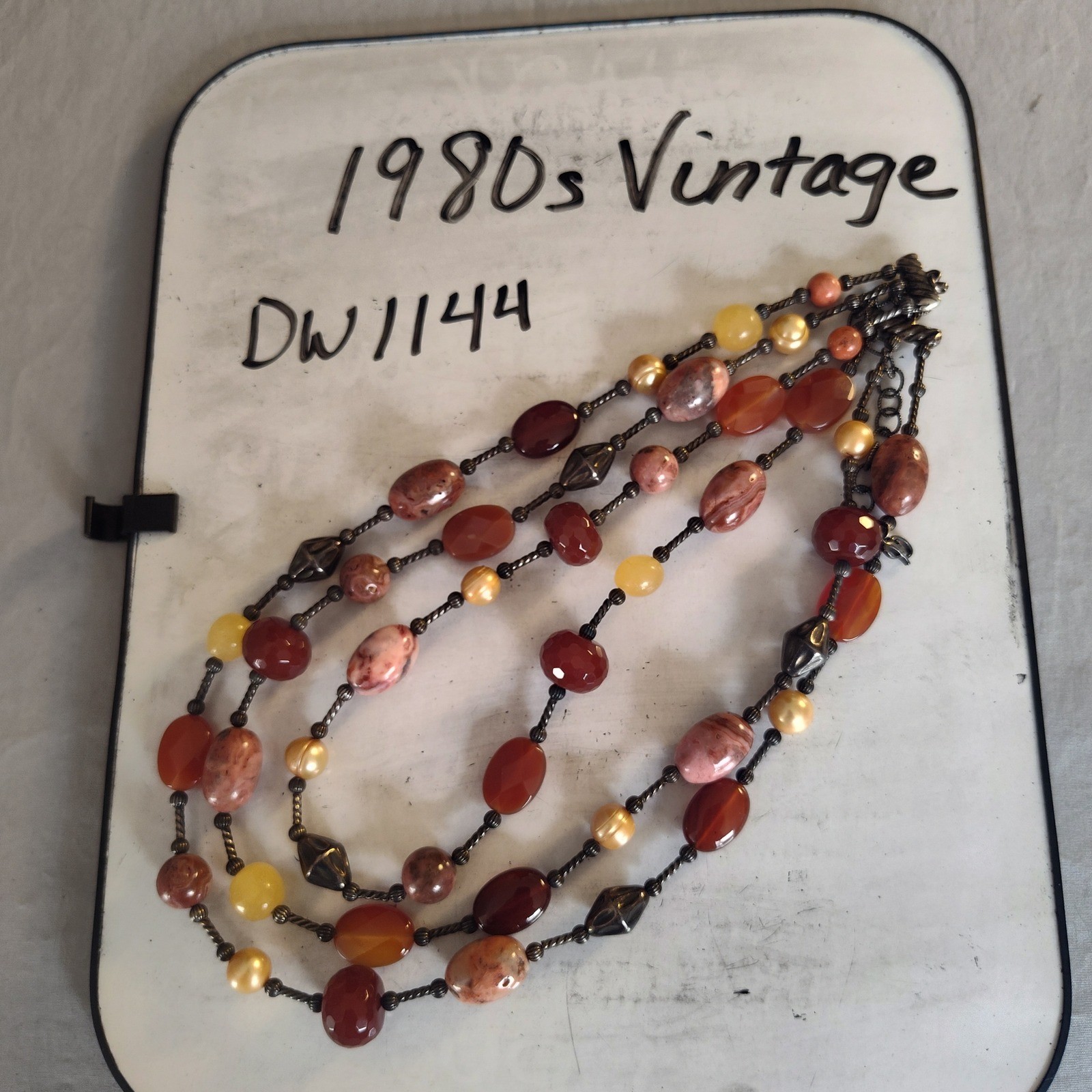Multi Strand Earth Tone Beaded Necklace Bronze Tone Layered Stone Statement 22in