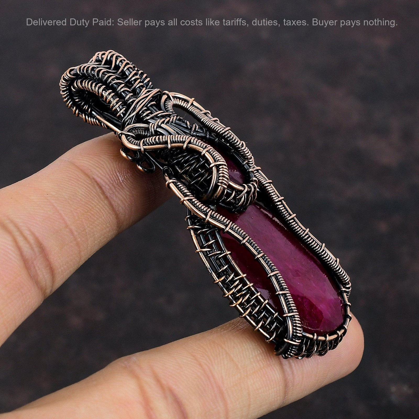 Oval Natural Kashmir Rubi Copper Anniversary Sister Wire Wrapped Pendant Jewelry