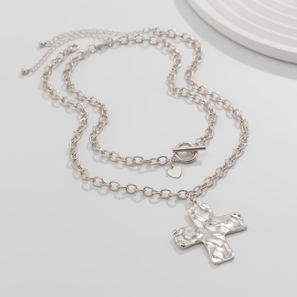 Layered Chunky Cross Necklace for Women，Multilayer Punk Hammered Choker,Trendy H