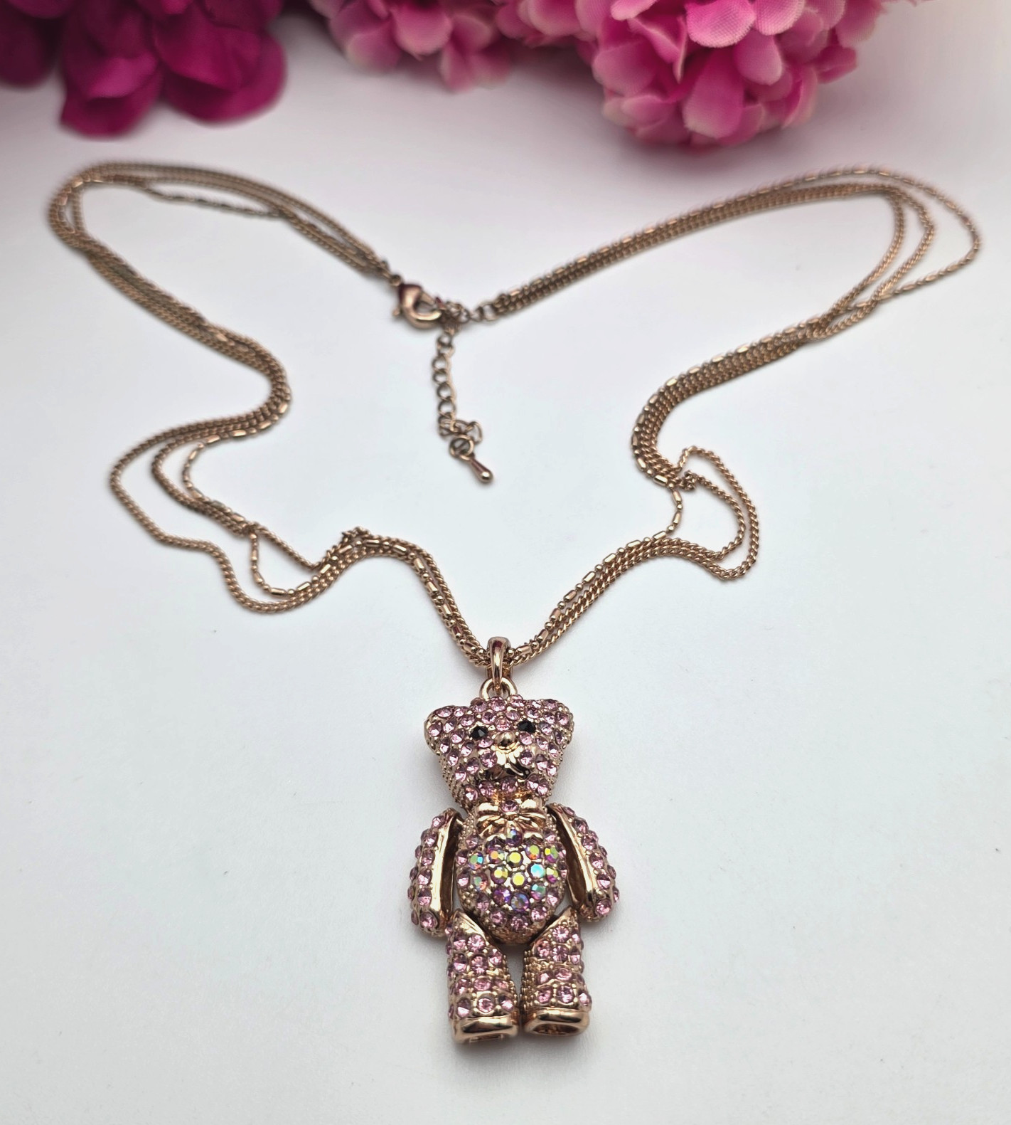 Rose Gold Tone Teddy Bear Pendant Necklace Pink AB Rhinestones 20 in Adj.