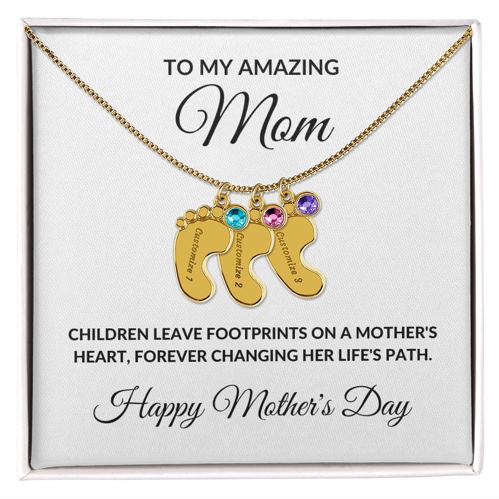 Mother’s Day Personalized Engraved Birthstone Necklace Baby Feet Gift for Mom
