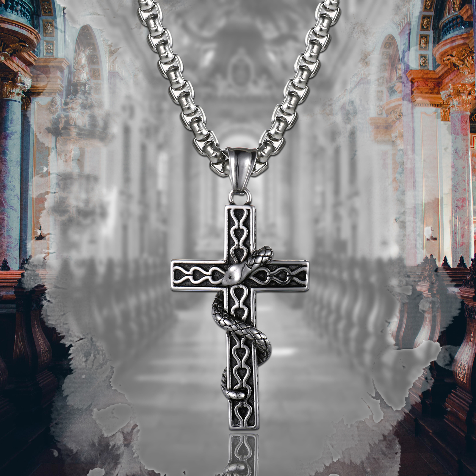 Mens Boys Vintage Biker Stainless Steel Snake Cross Pendant Amulet Necklace 22″