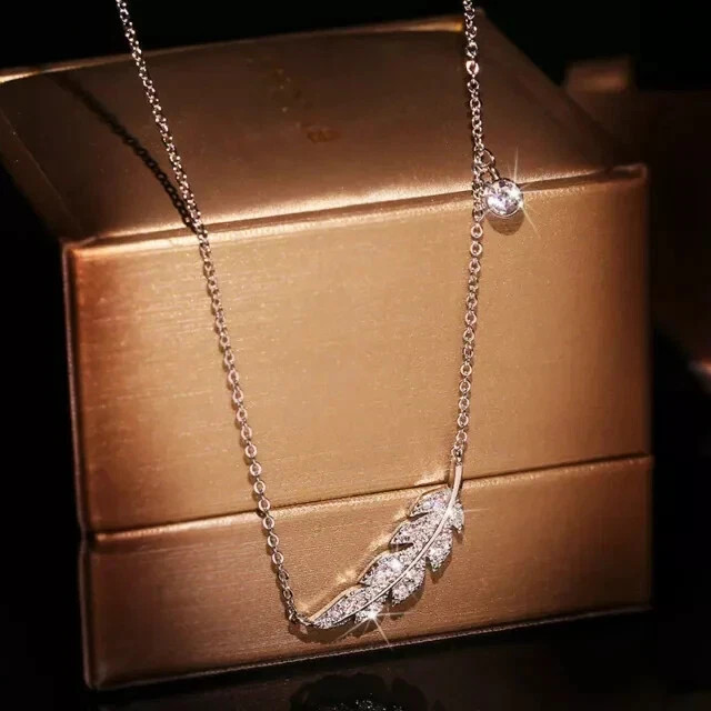 Women’s 1Ct Round Simulated Diamond Leaf Pendant Necklace 14K White Gold Plated
