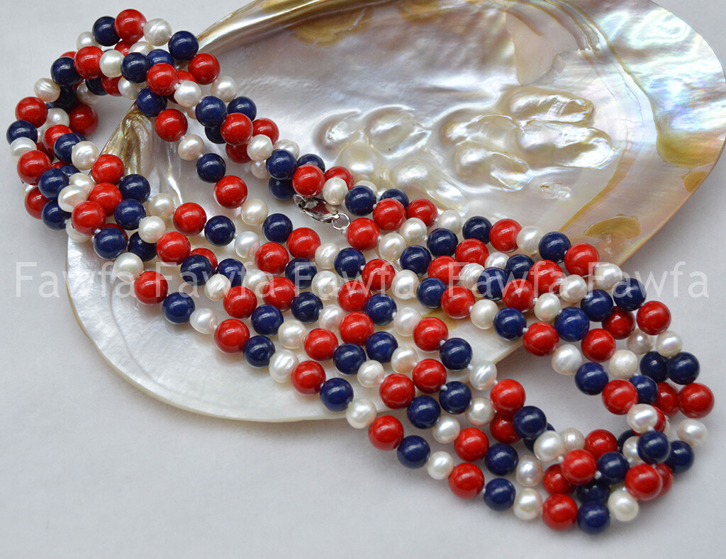 6-7mm White Pearl 8mm Red Coral Blue Lapis lazuli Round Beads Necklace 16-100”
