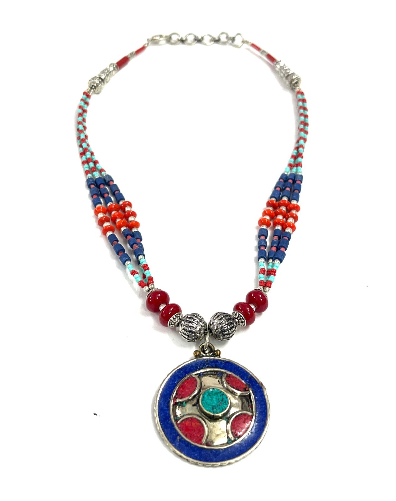 Ethnic Lapis Lazuli Coral Gemstone Nepalese Boho Necklace Jewelry, 17 inch