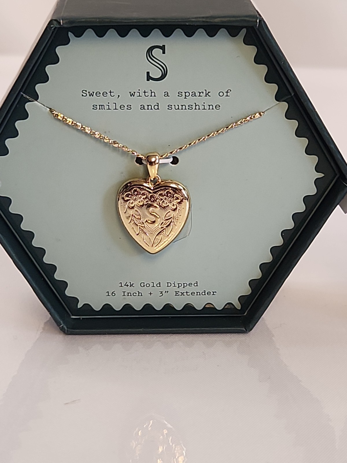 A New Day 14k Gold Dipped Initial S Heart Locket Necklace Floral Engraved Boxed