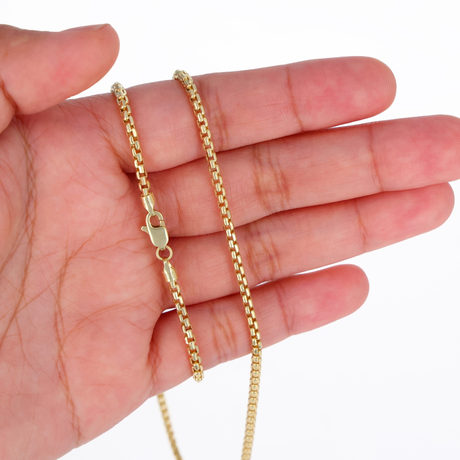 10K Yellow Gold 1.5mm-3.5mm Venetian Round Box Chain Necklace Men Women 16″- 30″