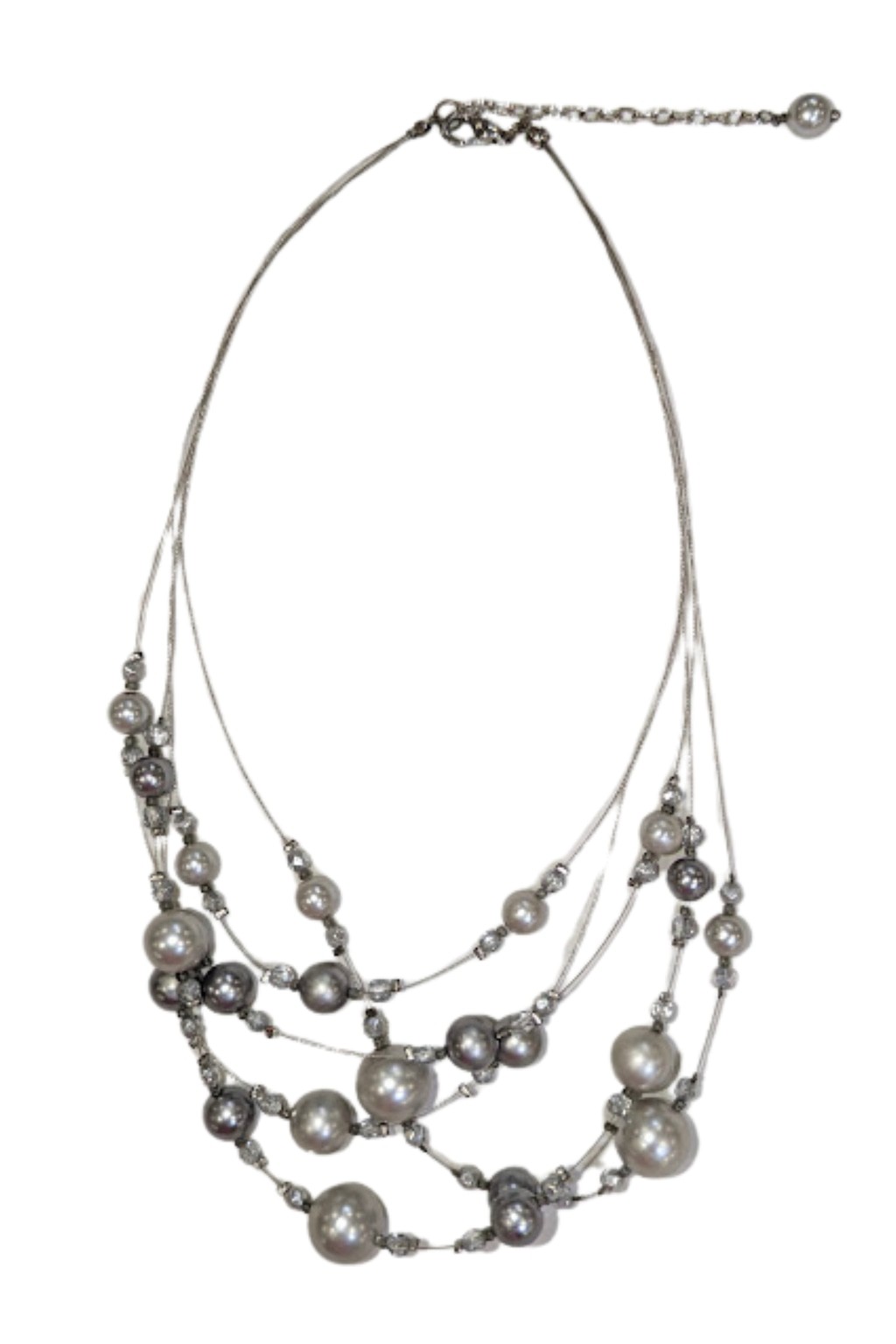 Gray Faux Pearl Crystal Layered Necklace Floating Strand Wedding Cocktail