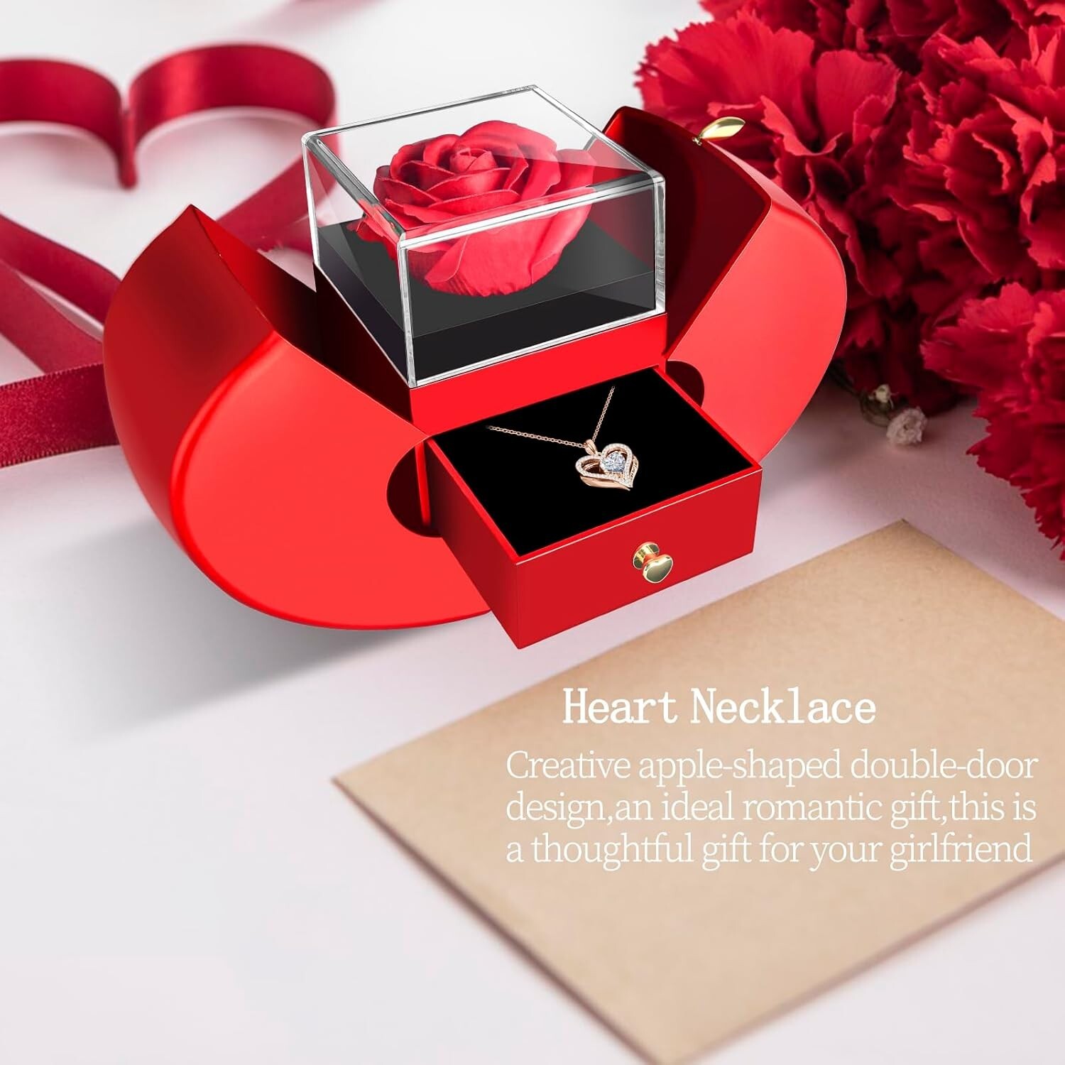 Preserved Red Rose with Heart Necklace Gift for Mom Wife Girlfriend on Special