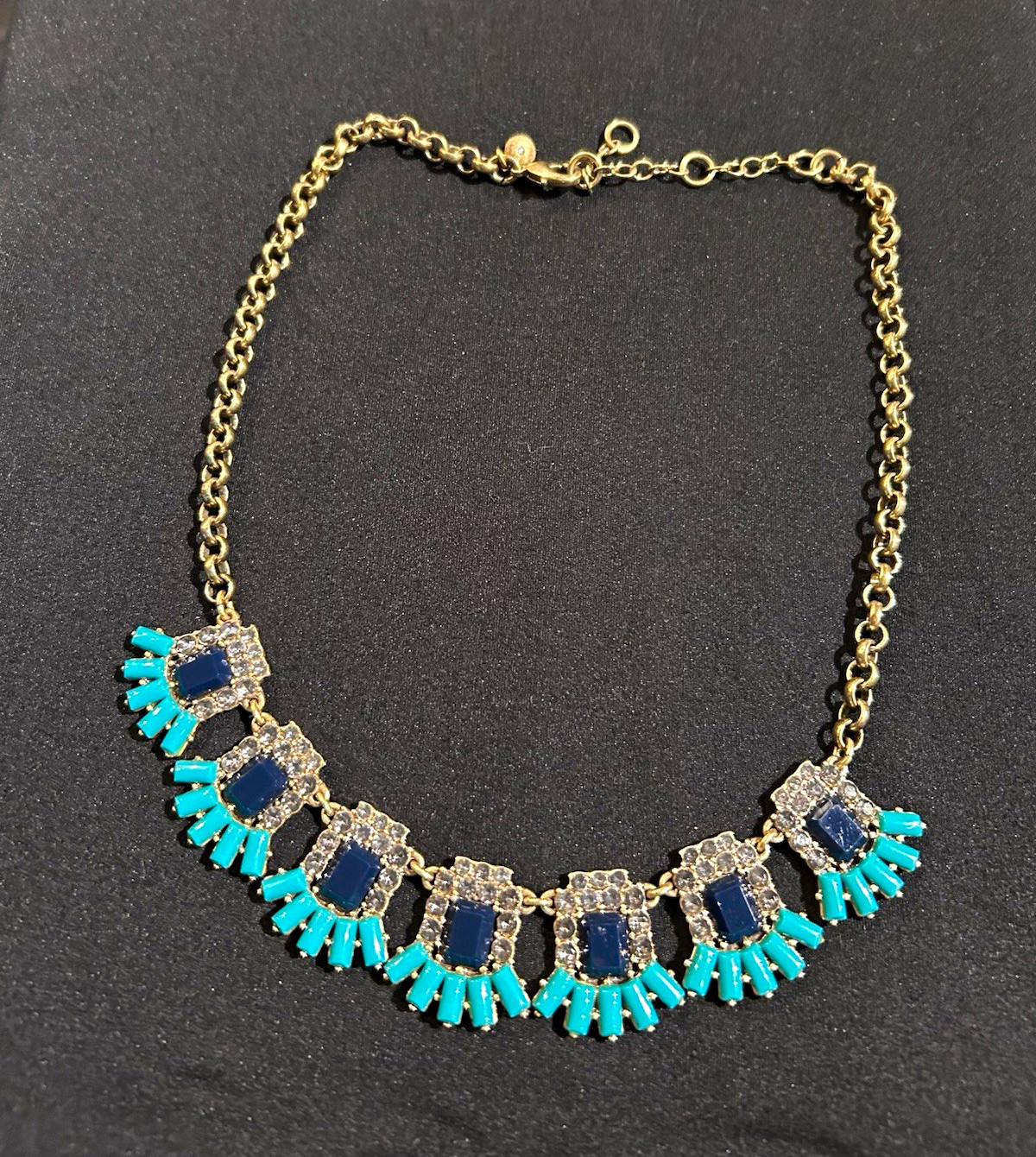 J.Crew – Gold Tone Statement Necklace Clear Crystal, Turquoise, Blue Pendants