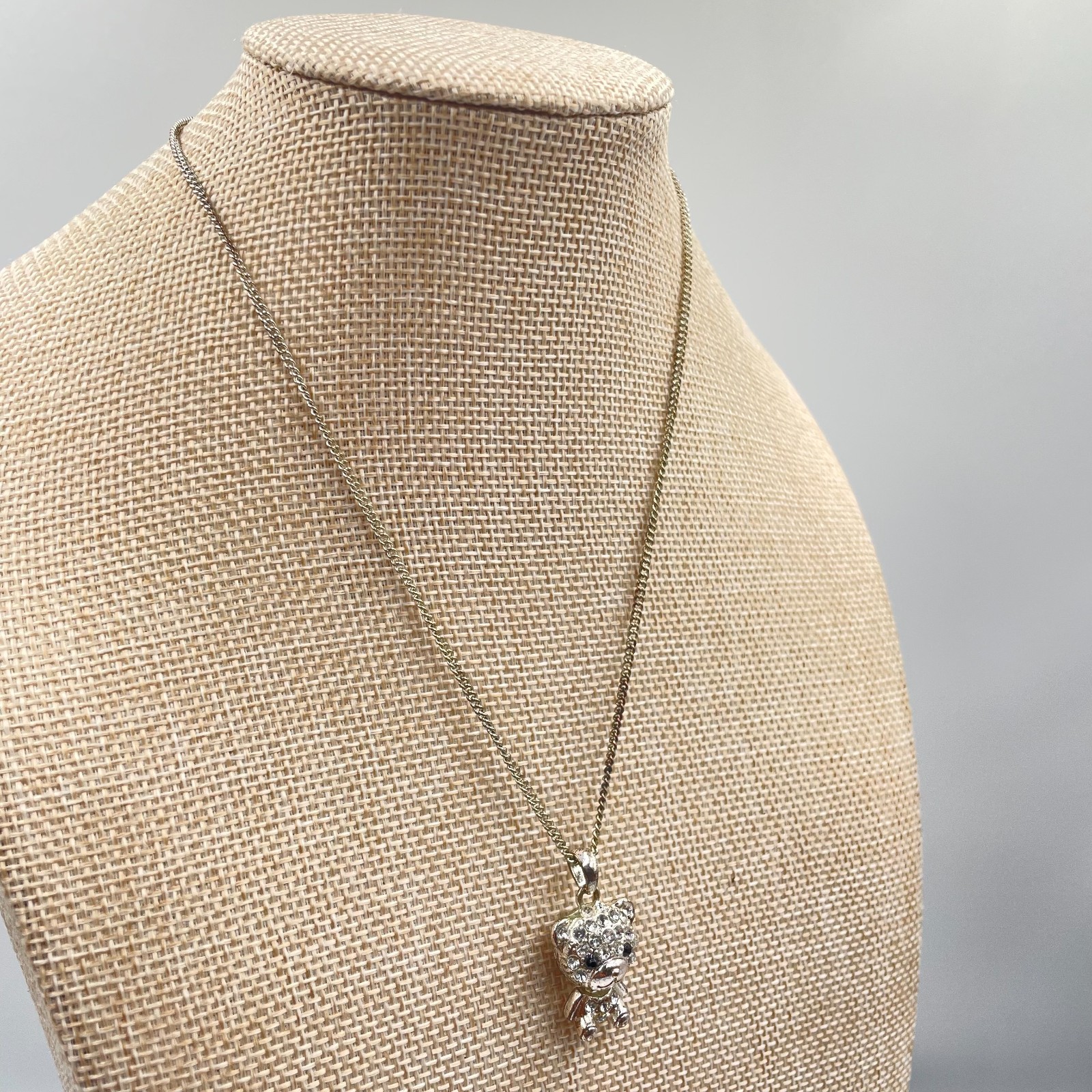 Adjustable Silver-Tone Curb Chain Rhinestone Pave Teddy Bear Pendant Necklace