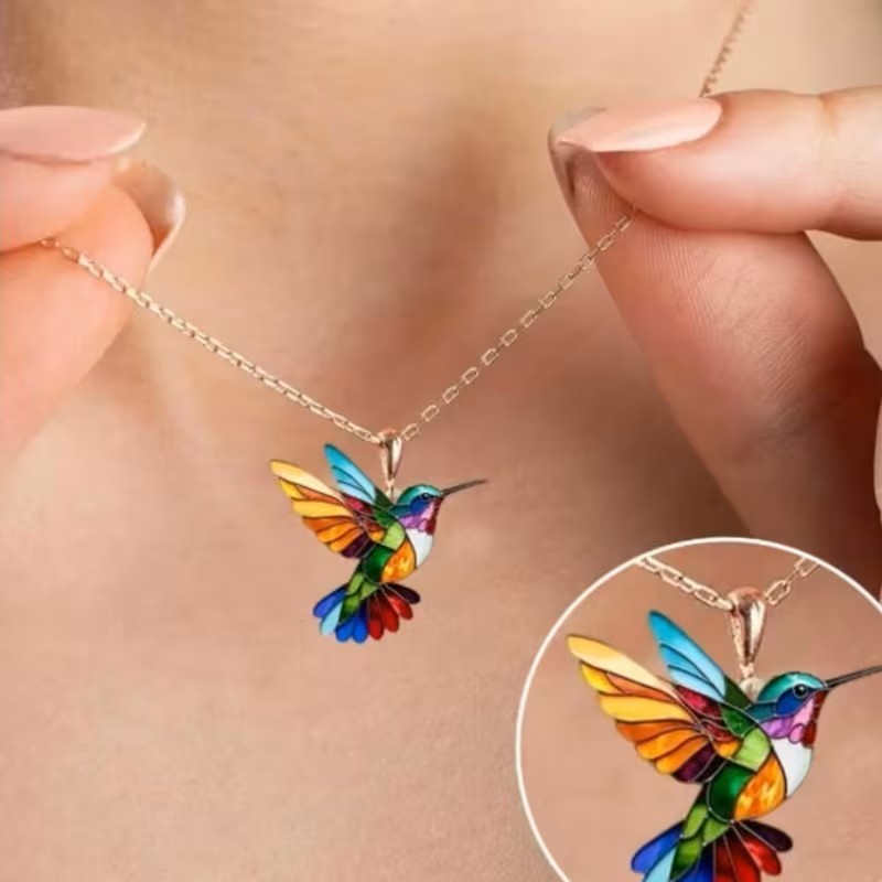 Colorful Hummingbird Pendant Necklace Rainbow Enamel Bird Charm Women Gift Chain