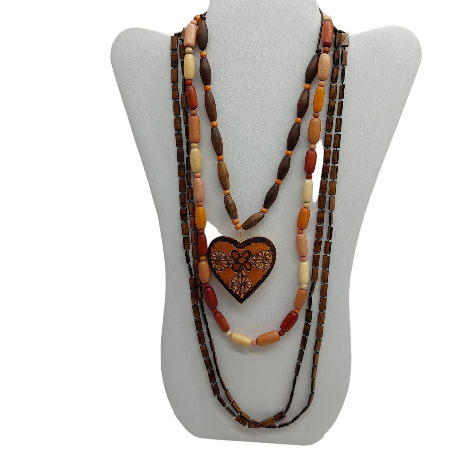 Carved Wooden Heart Necklace Choker set of 3 various sizes and styles