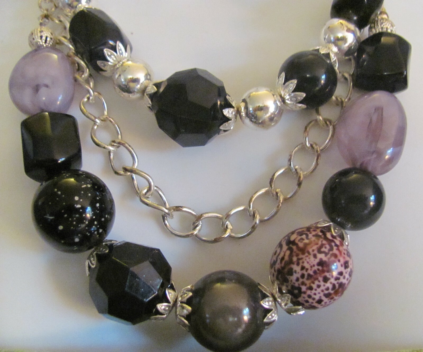 3-Strand Simulated Stone Necklace (Black-Grey-Tiger Eye-Clear-Silver)-Costume