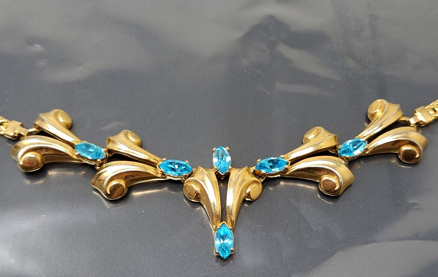 Vintage W. Germany Blue Rhinestone 1/20 12K Gf Necklace 15″