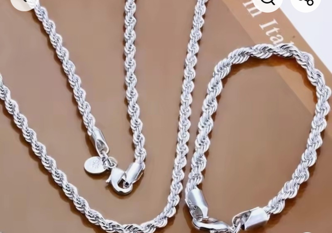 925 Sterling Silver Rope Chain Necklace, Signed, No Stone, Lobster Clasp