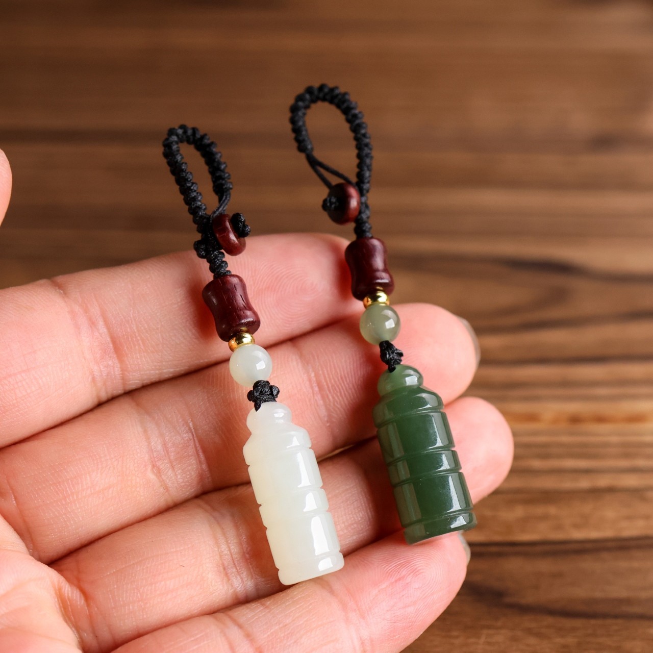 Certifed Natural Hetian jade Green White Carving Bamboo seal Car key pendant