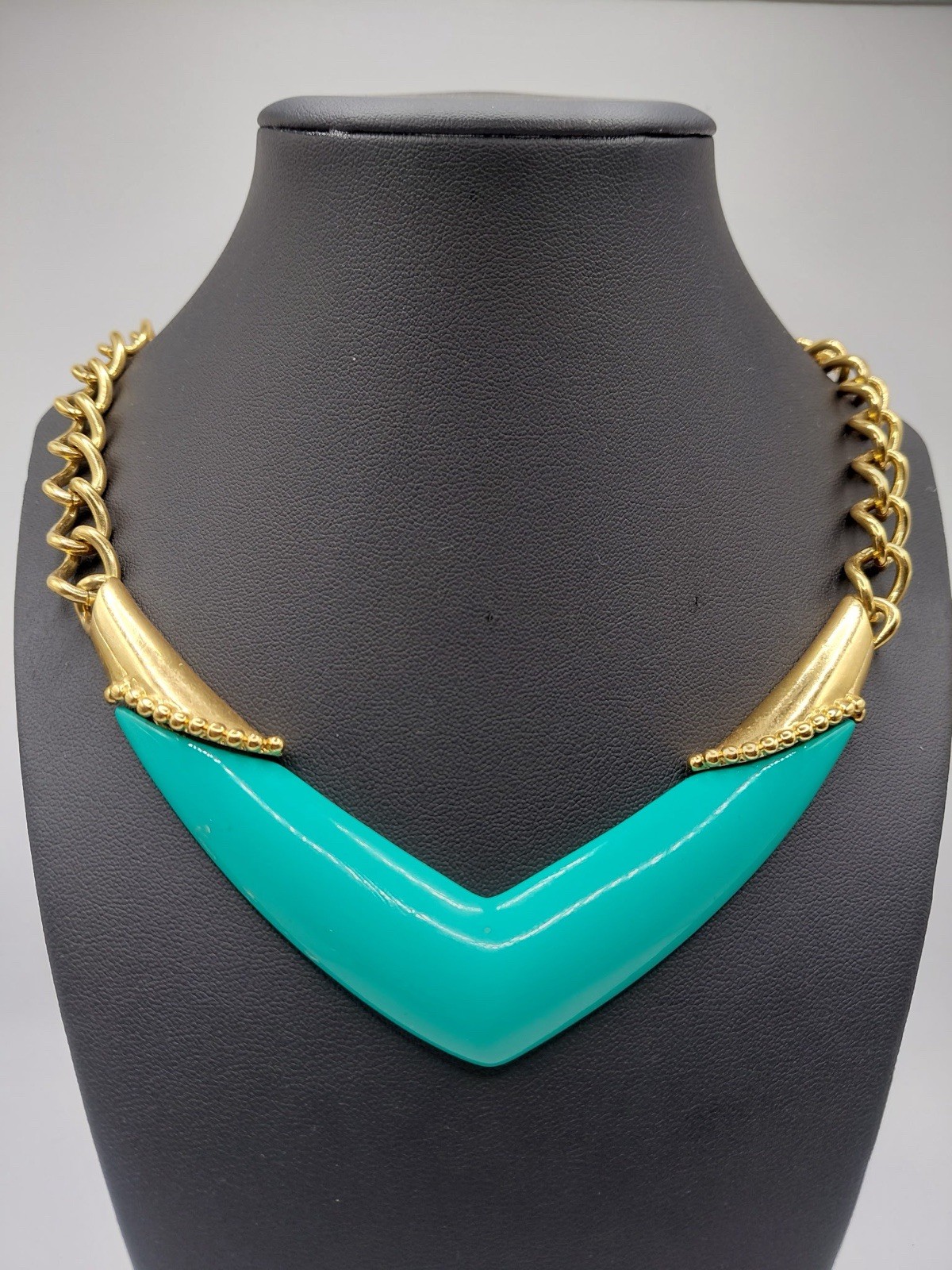 MONET signed vintage gold tone Turquoise enamel designer necklace