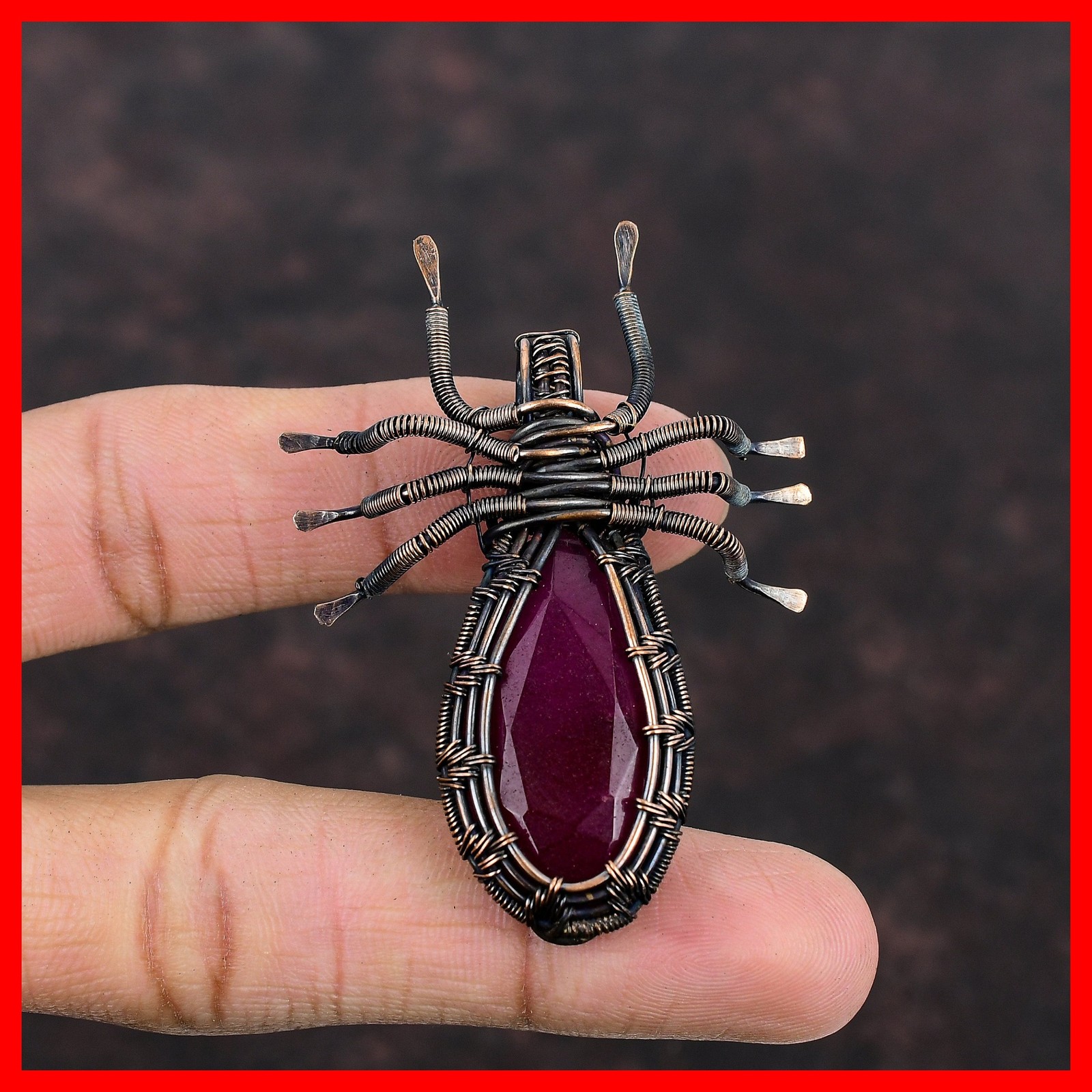 Copper Kashmir Rubi Stone Spider And Wire Wrapped Trendy Daughter Ethnic Pendant
