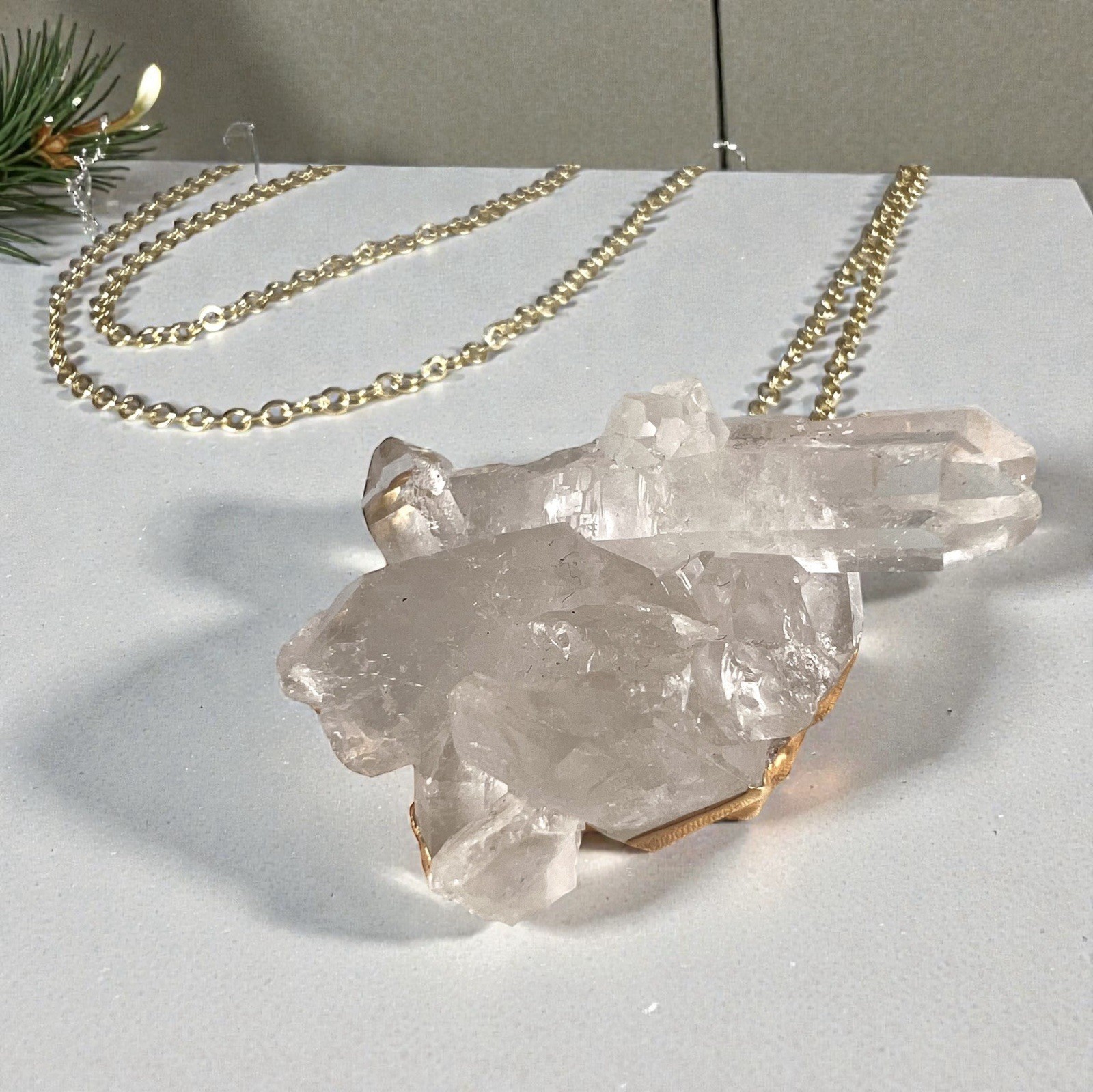 Semi Clear Quartz Cluster Pendant Necklace with a Gold-Toned Chain 32”