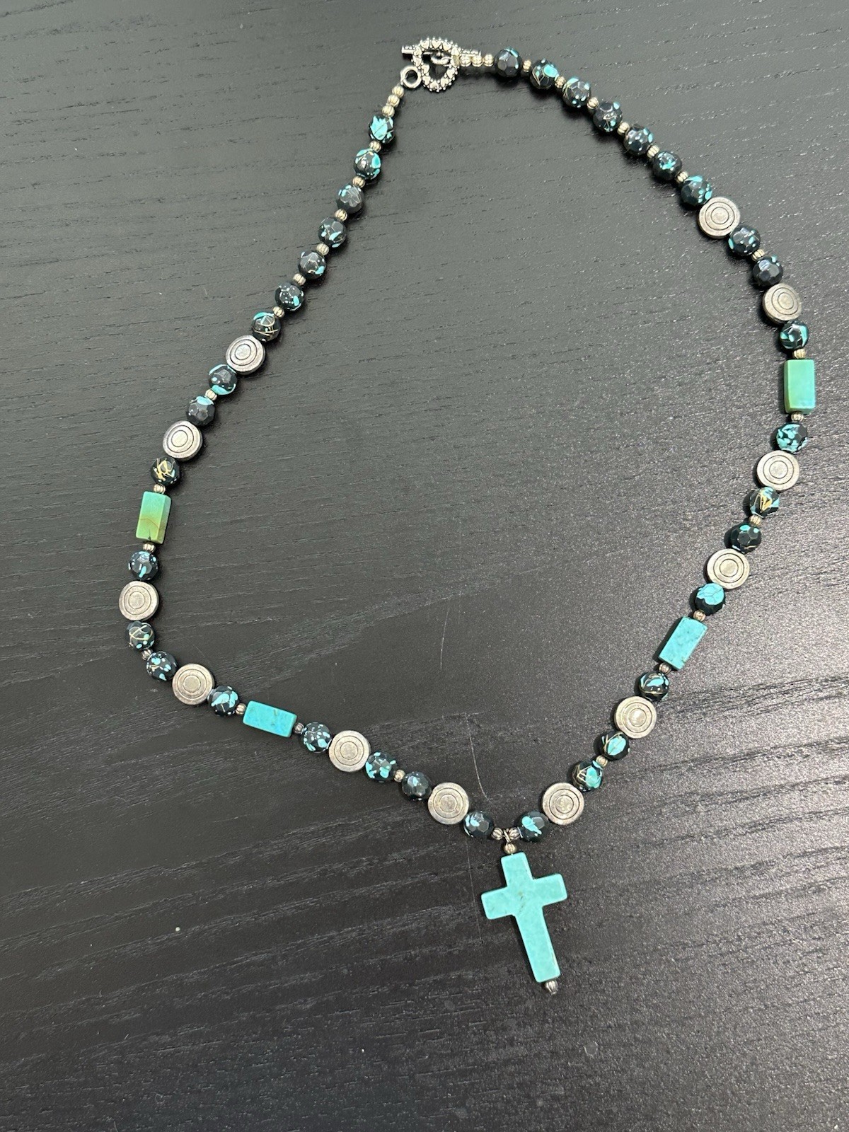 Black & Blue Beaded Necklace Cross Charm Pendant Toggle Clasp 19-24 in