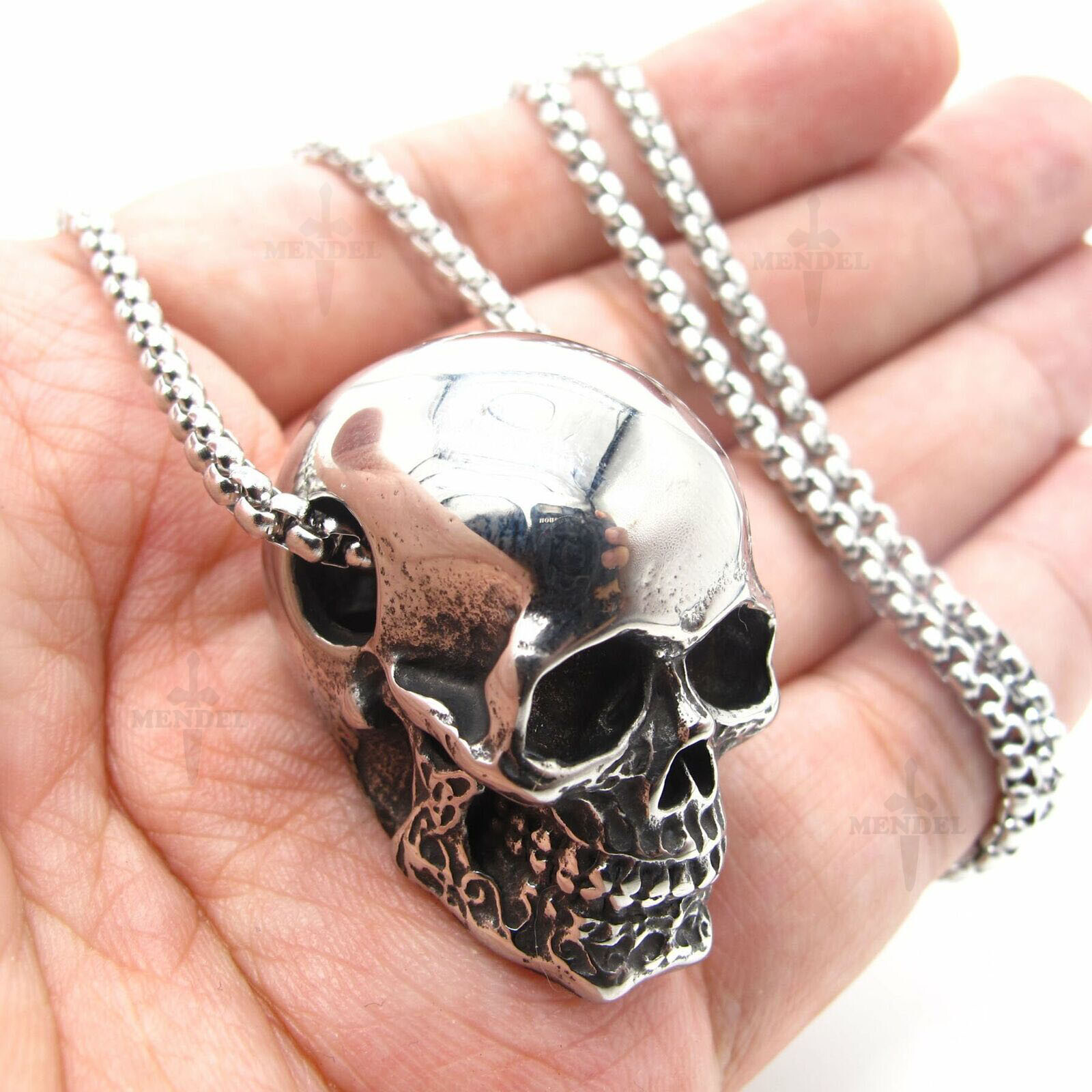 MENDEL Gothic Mens Biker Skull Pendant Necklace Men Stainless Steel Chain Silver