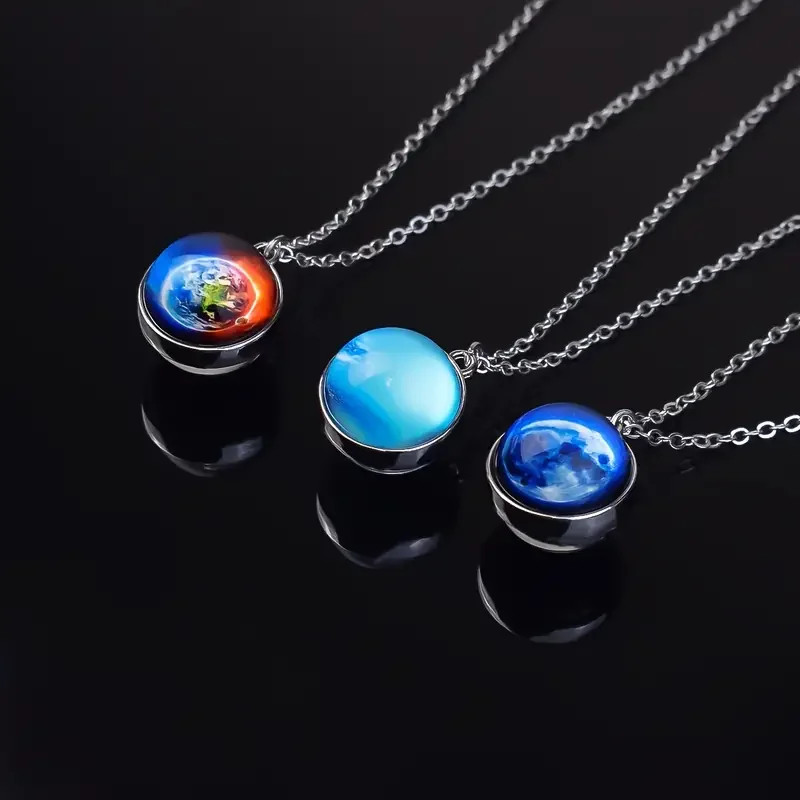Double Sided Galaxy Planet Glass Ball Pendant Necklace Sun Earth Moon Mars