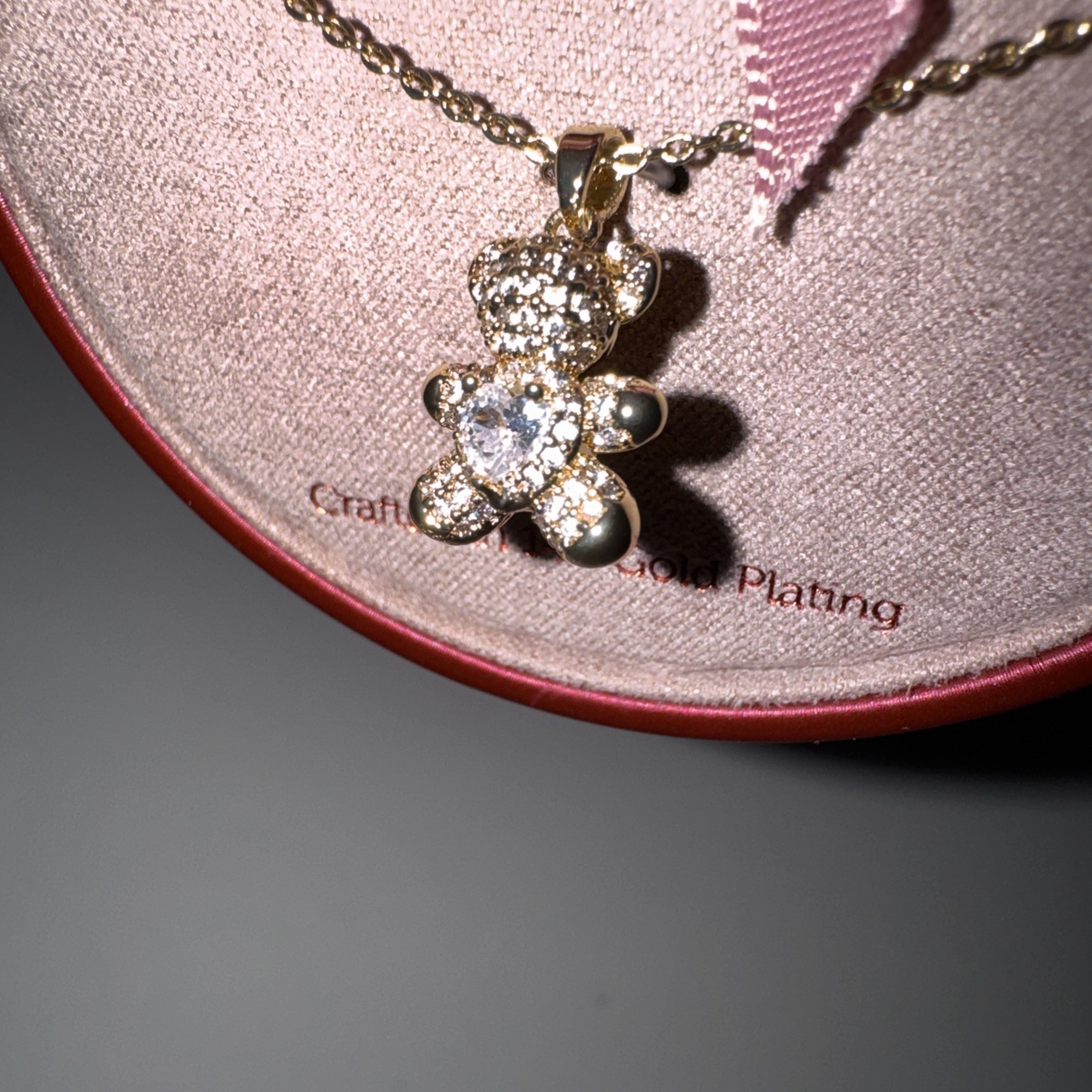 City Luxe Demi Fine Teddy Bear 14 Gold Plating Necklace, Cubic Zirconia Heart