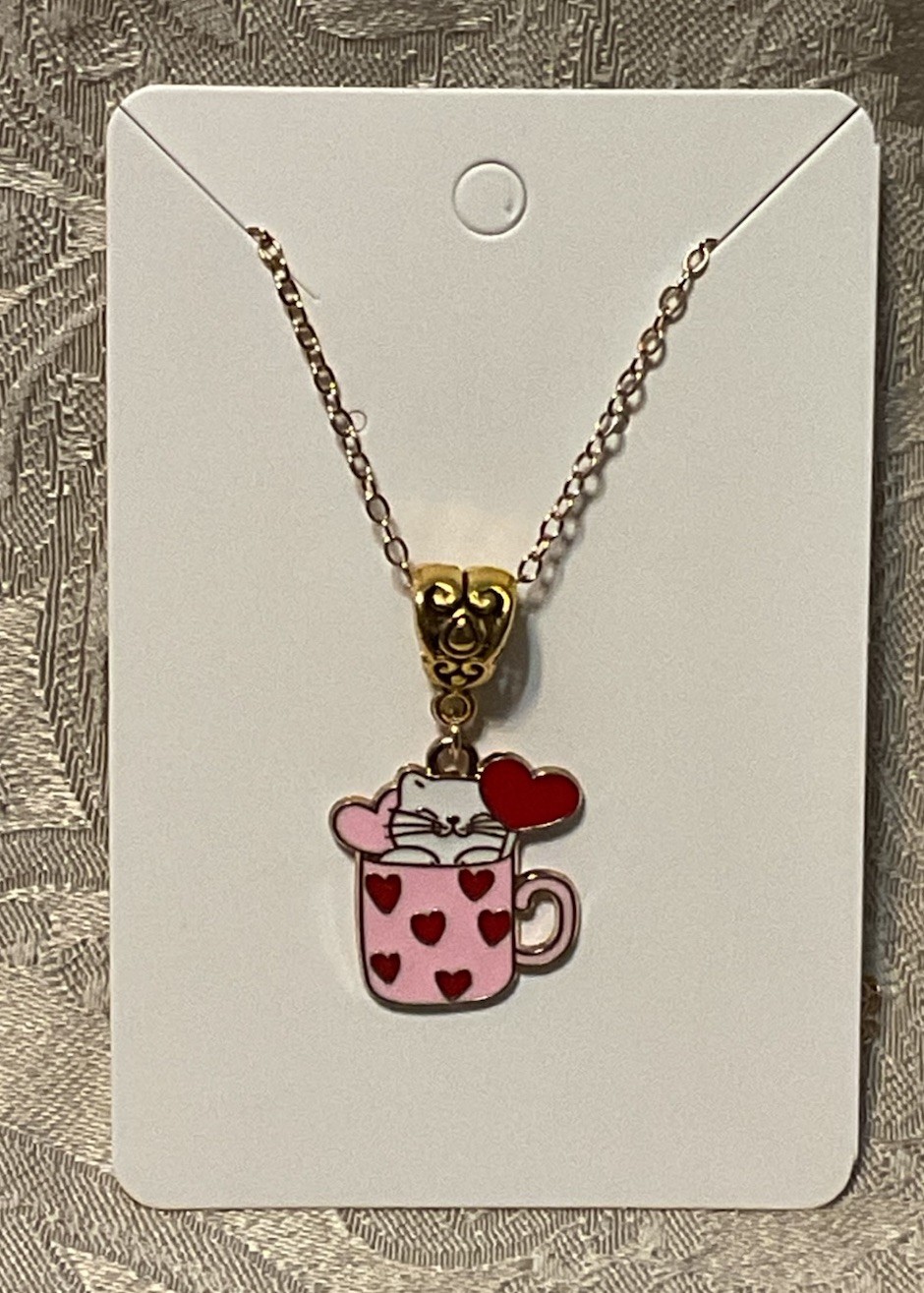 Cat Heart Coffee Cup Enamel Pendant Gold Bohemian Novelty Fashion Necklace