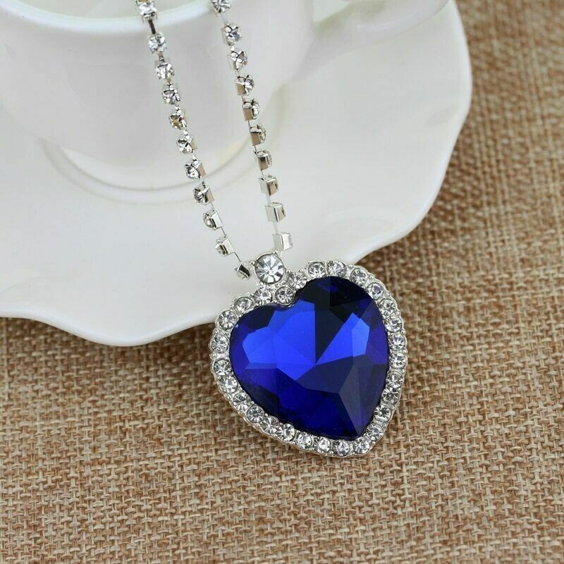 Sterling Silver Plated Blue Red Titanic Ocean Heart Pendant Necklaces For Women