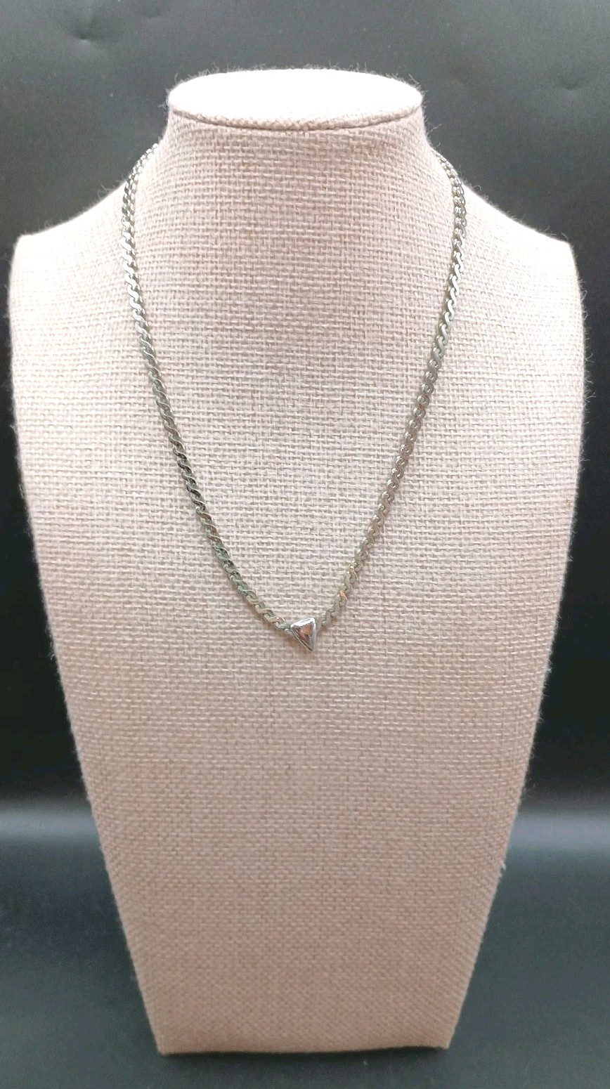 Vintage Monet Necklace Silver Tone Flat Curb Link Modernist Triangle Pendant 15″