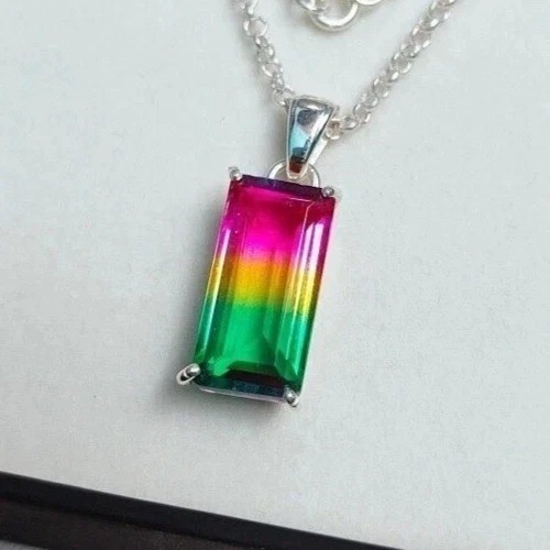 Watermelon Tourmaline Bi-Color Emerald Cut Pendant 100.38 Ct Beautiful Necklace