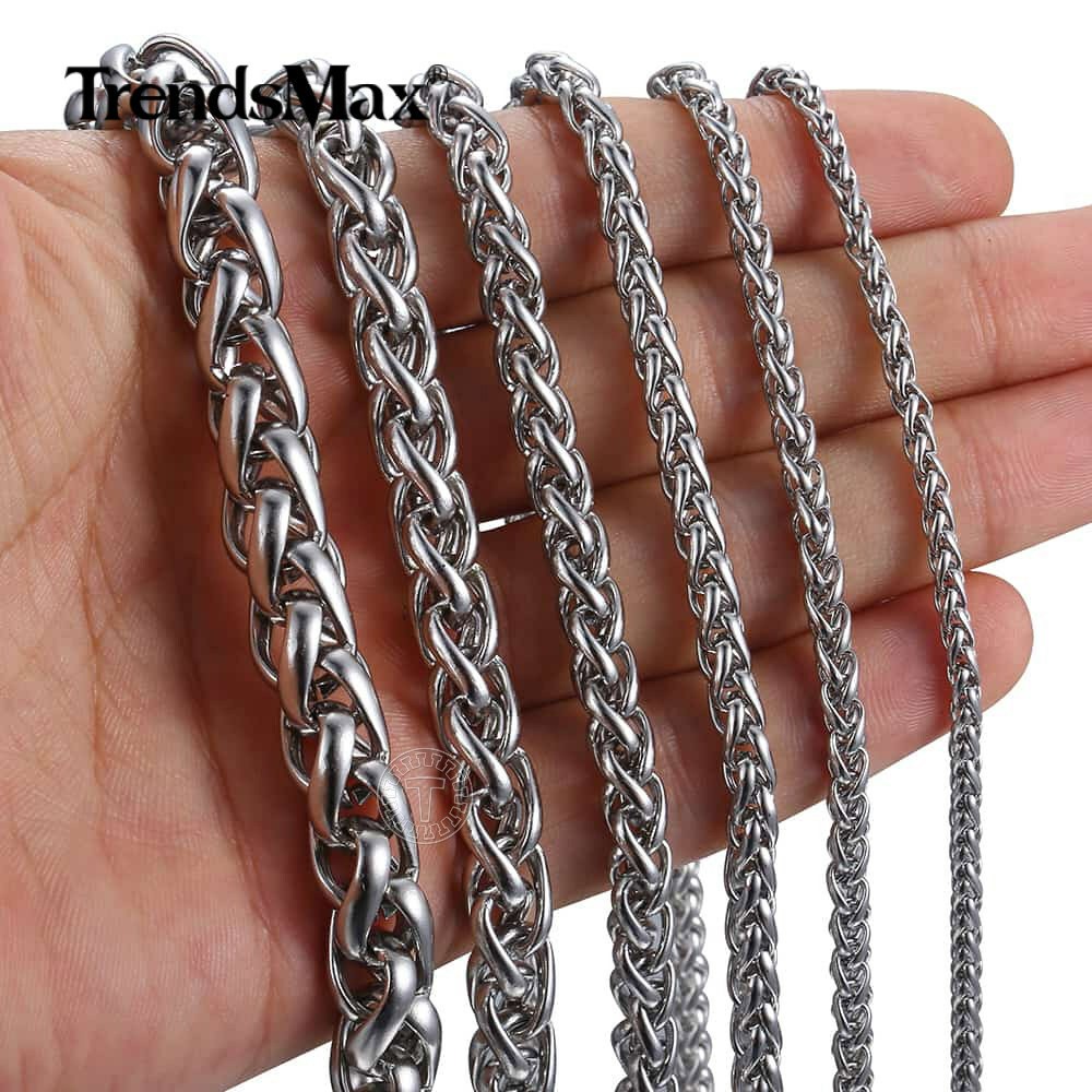 3/4/5MM Mens Silver Stainless Steel Necklace Wheat Braided Chain Link 18-28″