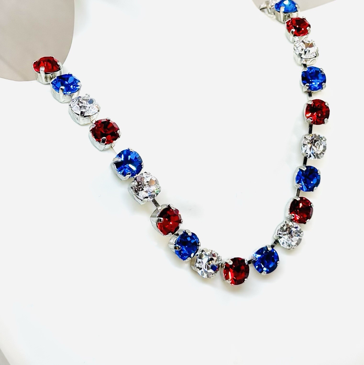 Shiny Silver Plated Patriotic Red, White, and Blue Crystal Cup Chain Necklace