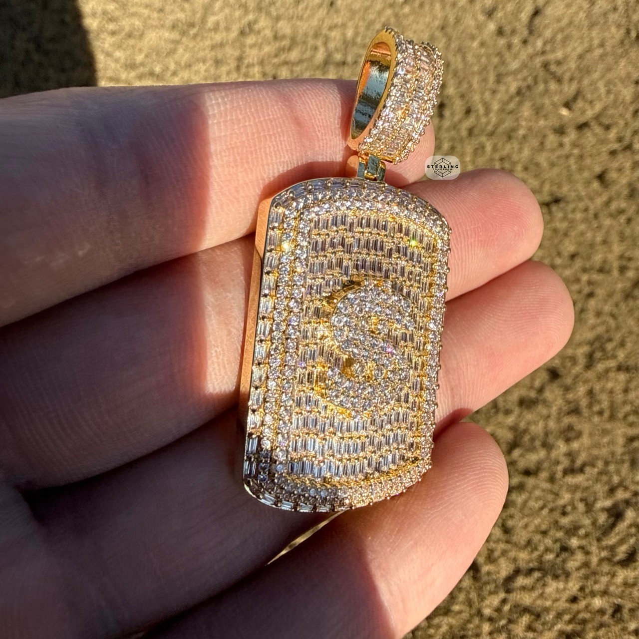 14k Gold Plated Iced Money Dog Tag Hip Hop Mens Pendant + Steel Rope Chain