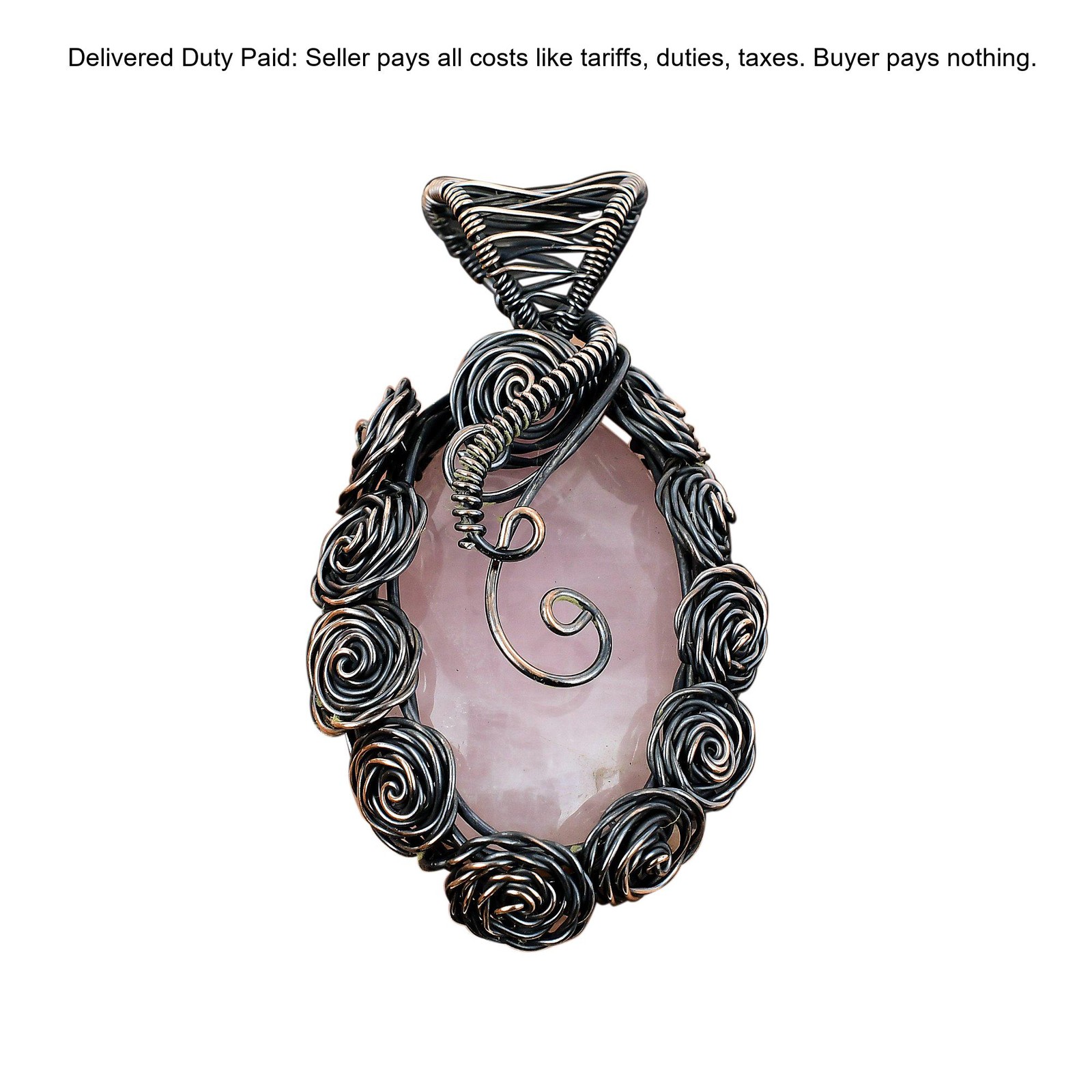 Copper Oval Rose Quartz Stone Anniversary Flower Sister Birthday Pendant Jewelry