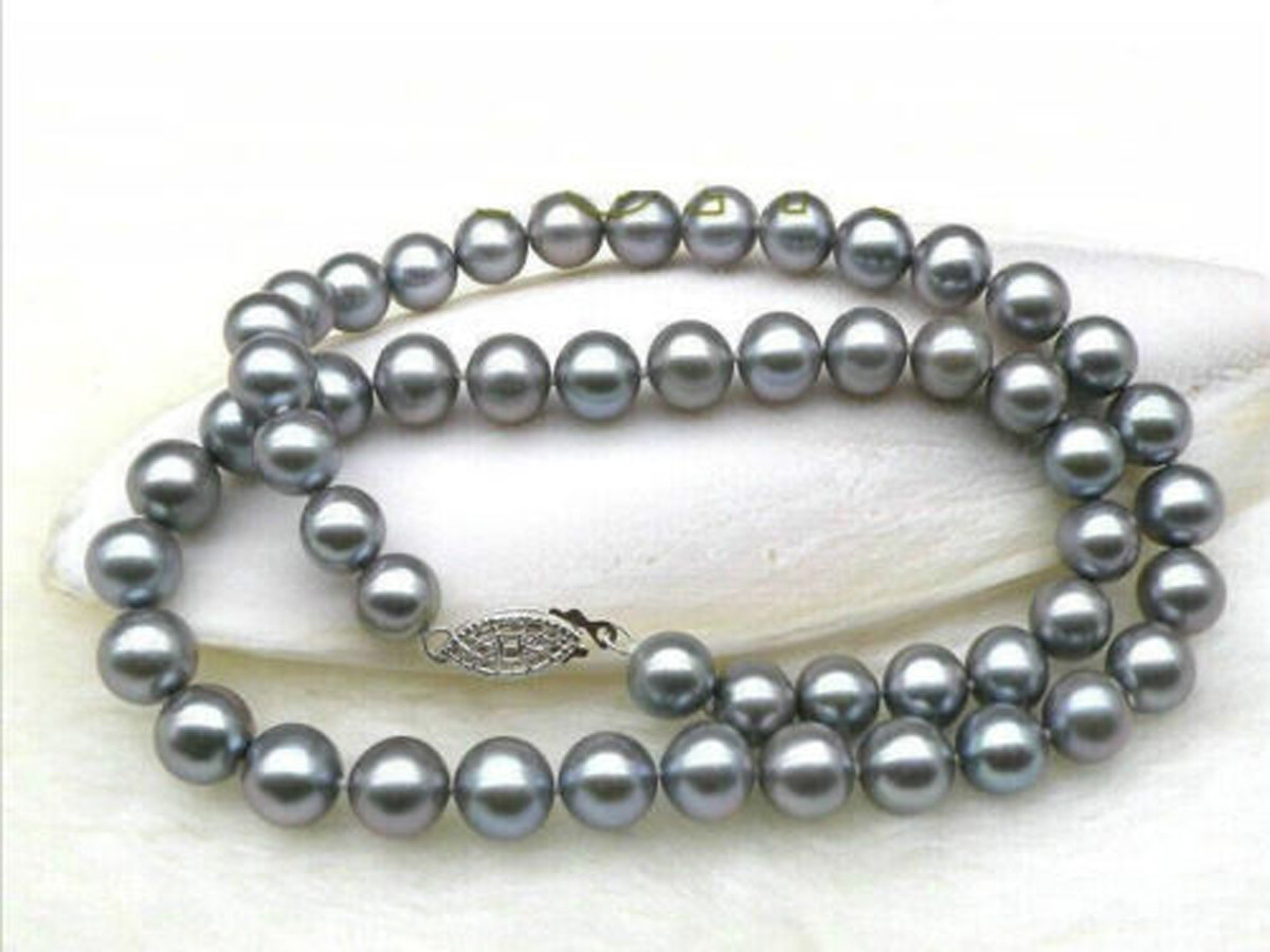Perfect round 9-10mm natural south sea silver gray cultured pearl necklace 18”