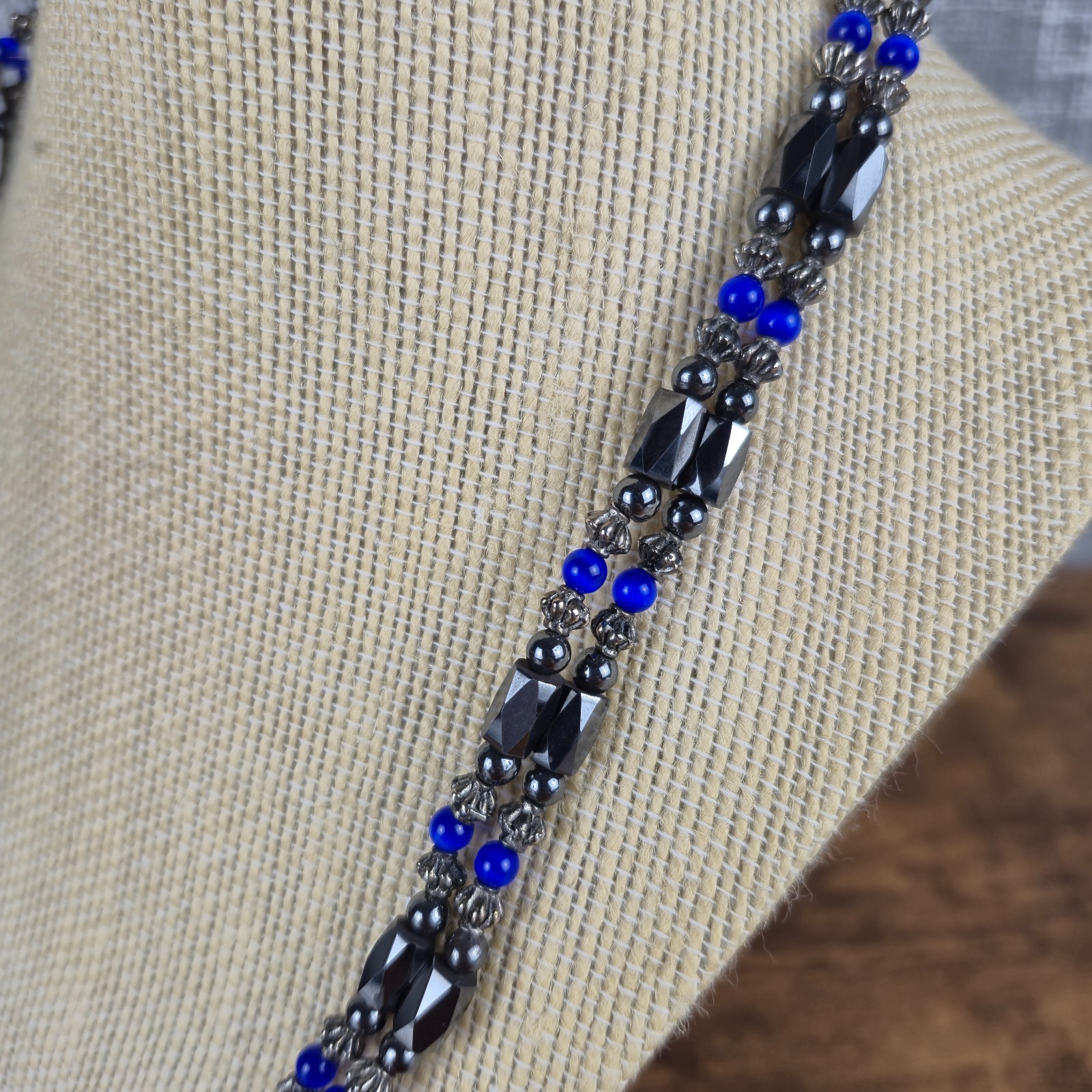 Hematite Magnetic Blue Black Beaded Wrap Bracelet Necklace Versatile Long 44″Vtg