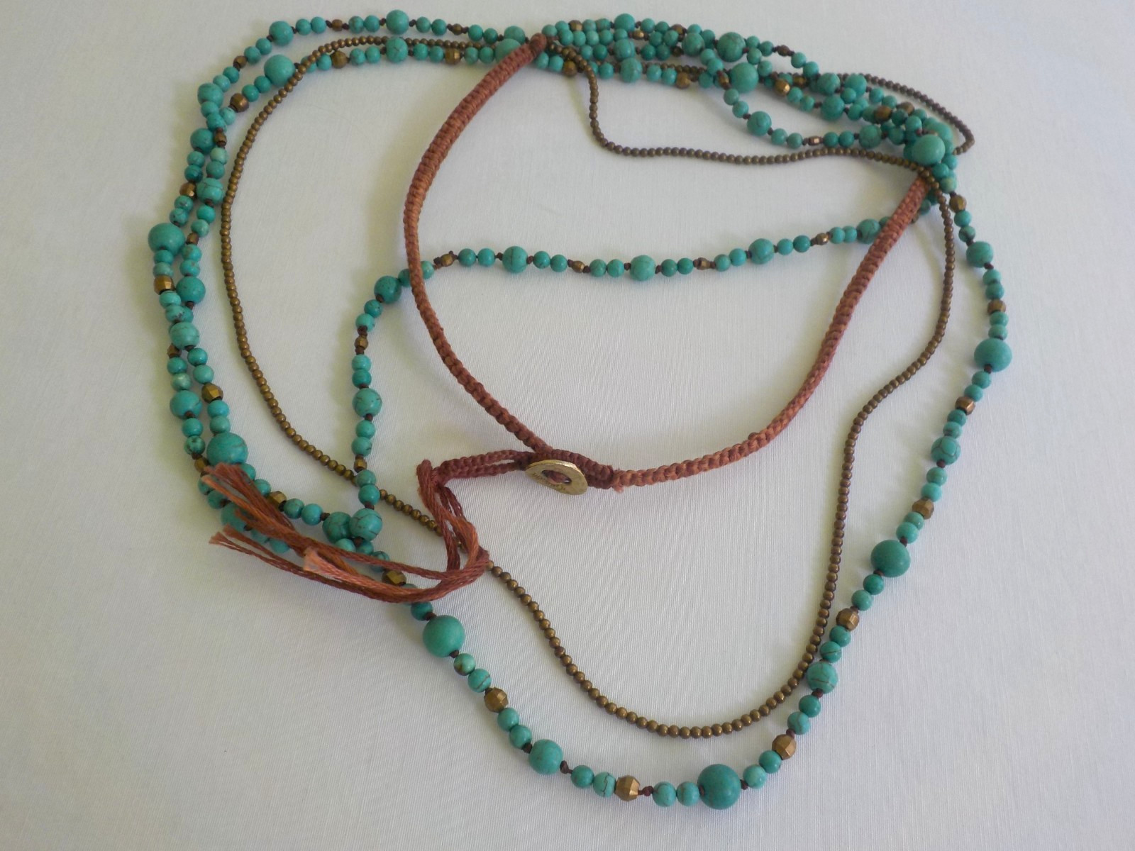 Nakamol Faux Turquoise Necklace Metal Bead Round Multi Strand Cord Long