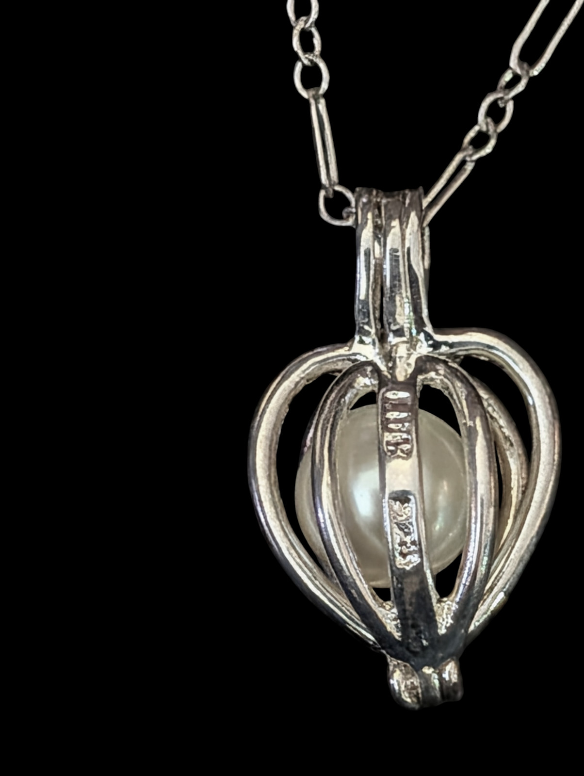 925 Sterling Rhodium Plated Caged Glass Pearl 21.3mm Pendant 17.5″ Chain