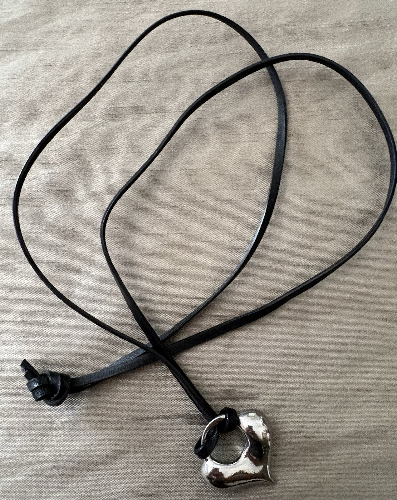 Large Sculptural Heart Pendant Necklace Silver Tone Black Leather Cord Modern