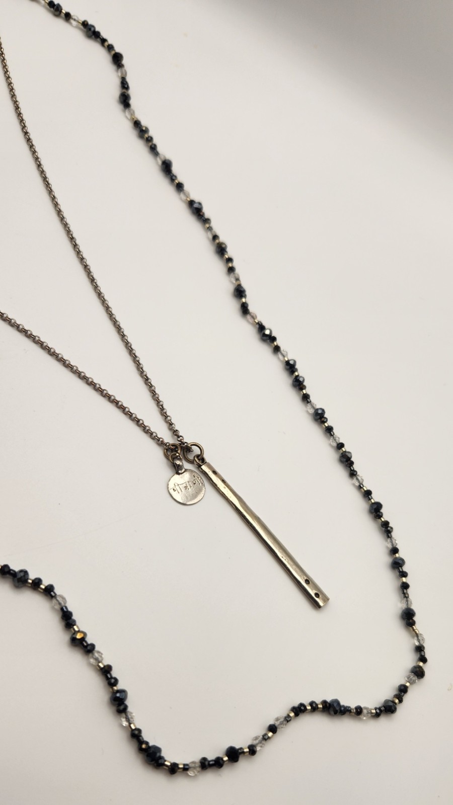 Chan Luu 42″ Layered Black Crystal Beaded Necklace Silver Tone Bar Pendant Boho