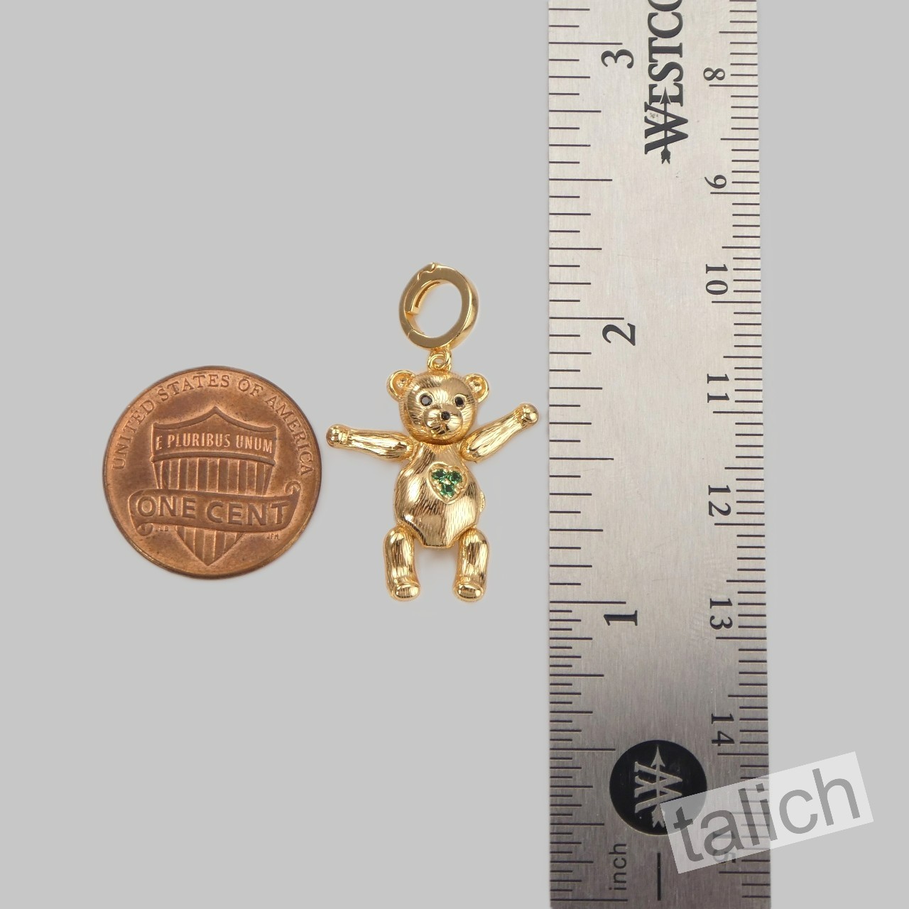 14K Gold Plated Sterling Silver CZ Teddy Bear Locket Charm Pendant Movable Arms