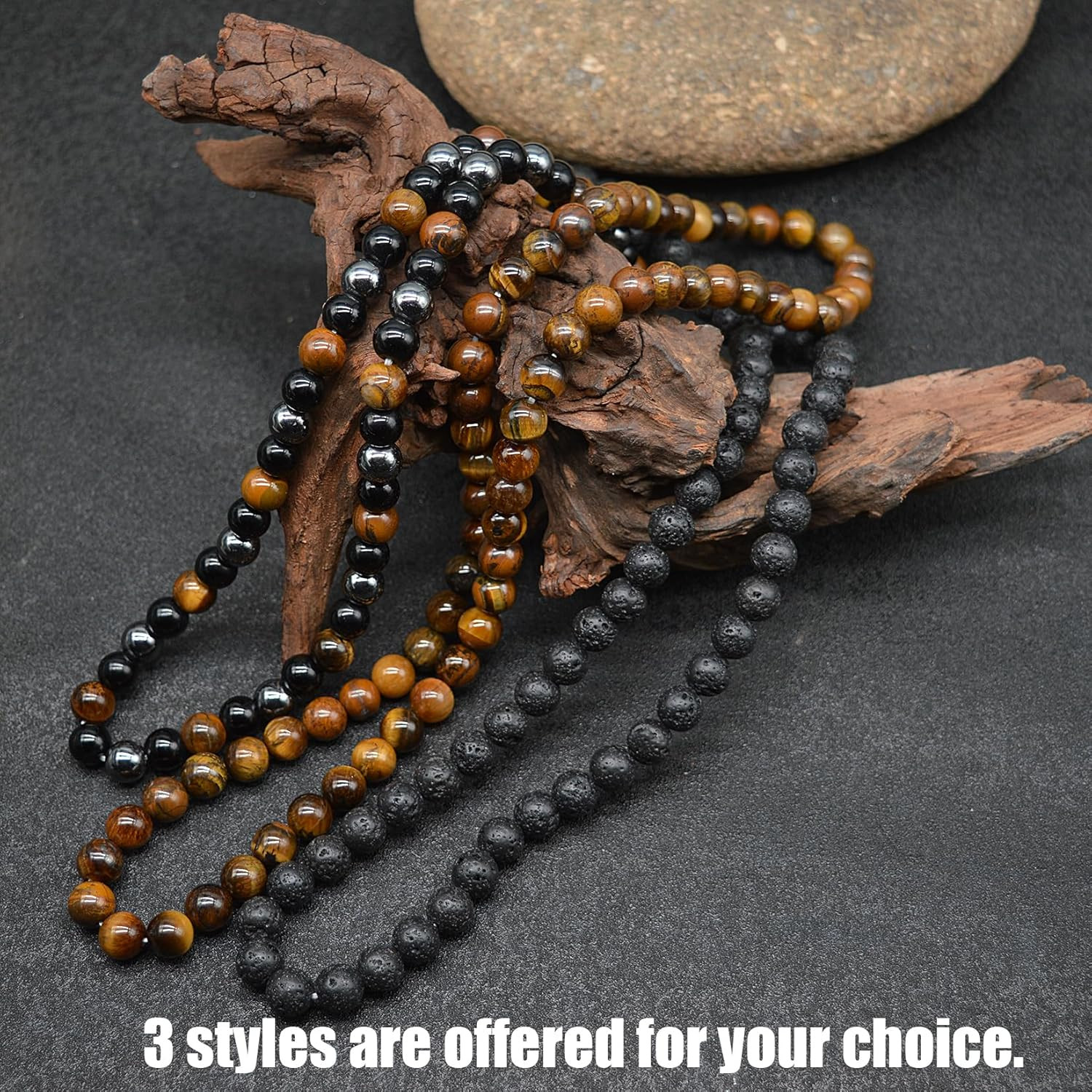 8MM Natural Tiger Eye Lava Stone Beaded Choker Necklace Genuine Gemstone Anxiety