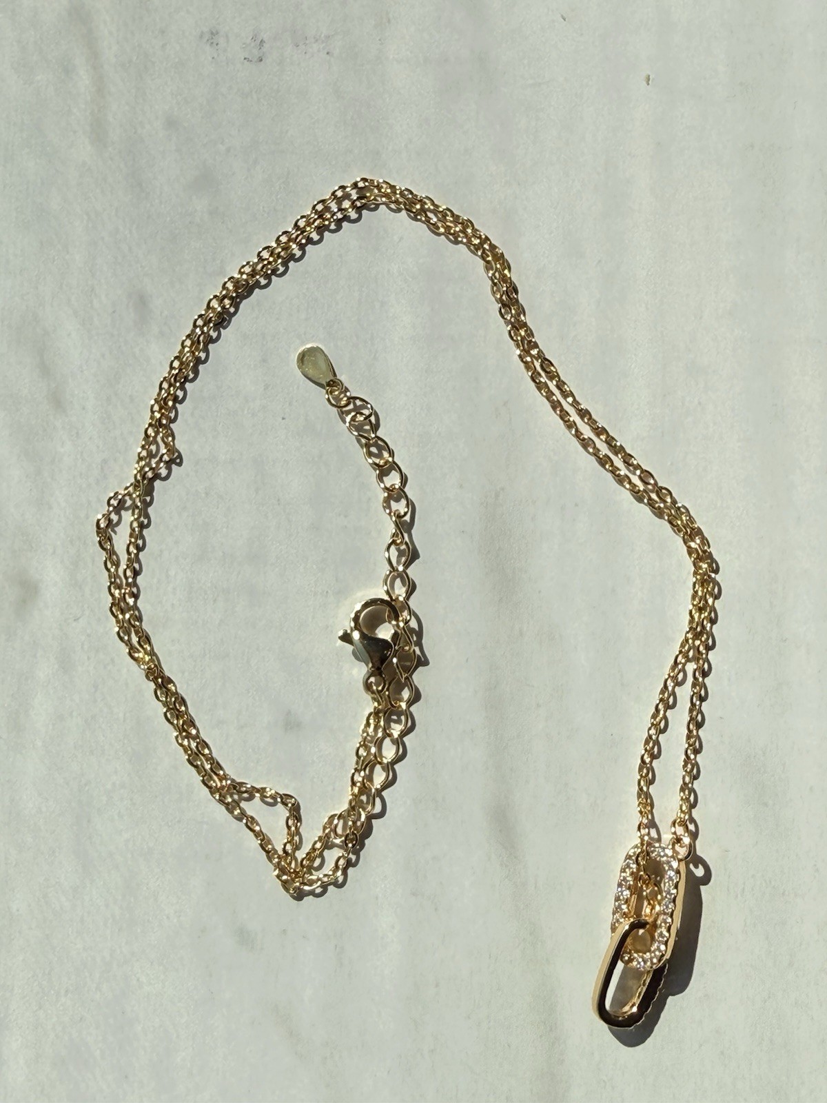 Gold Plated Cable Chain Necklace Asymmetrical Pavé White Crystal Charm Adjust