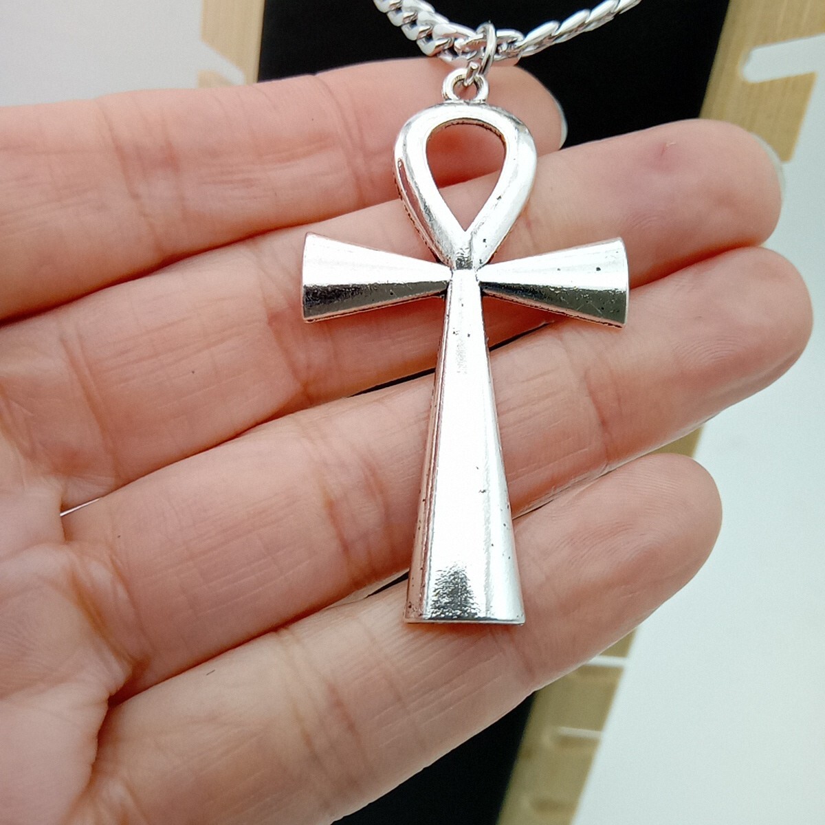 Ankh Necklace Key of Life CROSS Pendant & 24″ Curb Chain Big Vintage silver Tone
