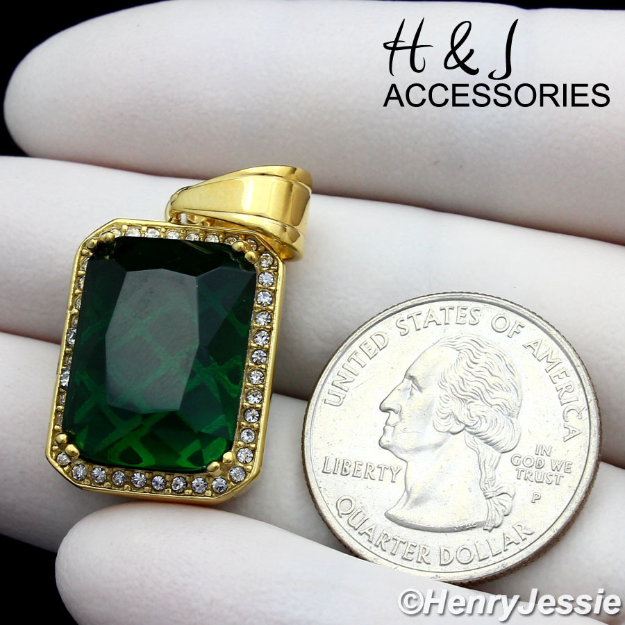 18-36″MEN Stainless Steel 3mm Gold Plated Curb Chain Green Rhinestone Pendant*98